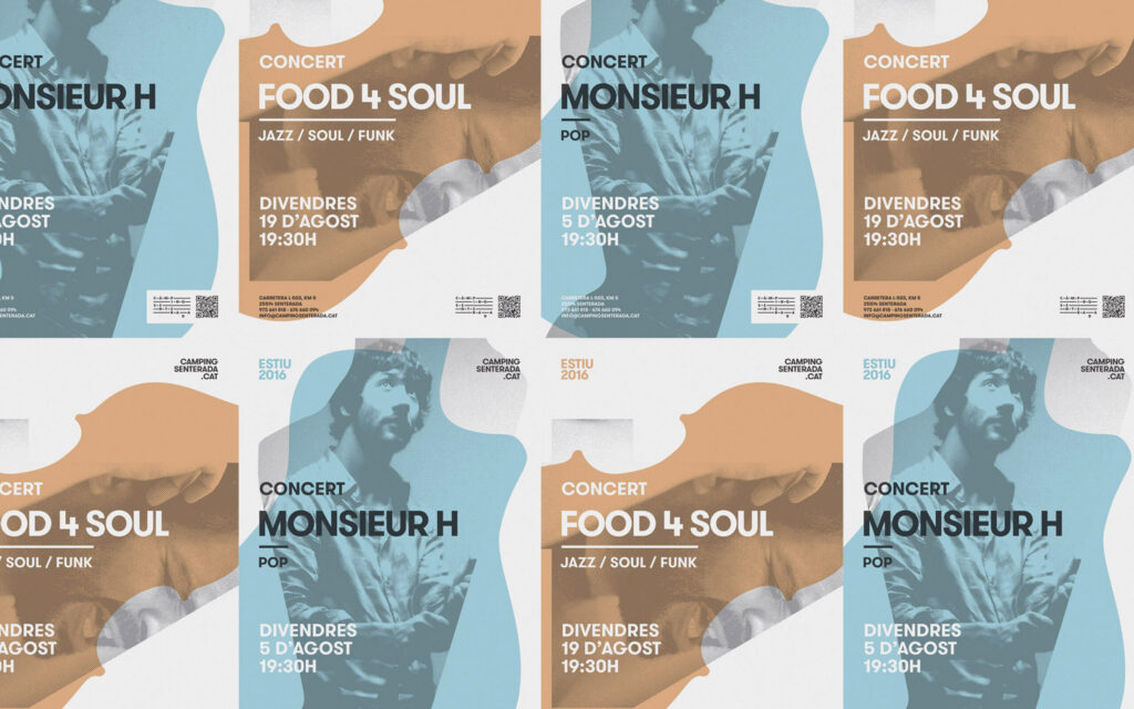 Cartells promocionals per al cicle de concerts d'estiu del Càmping Senterada.