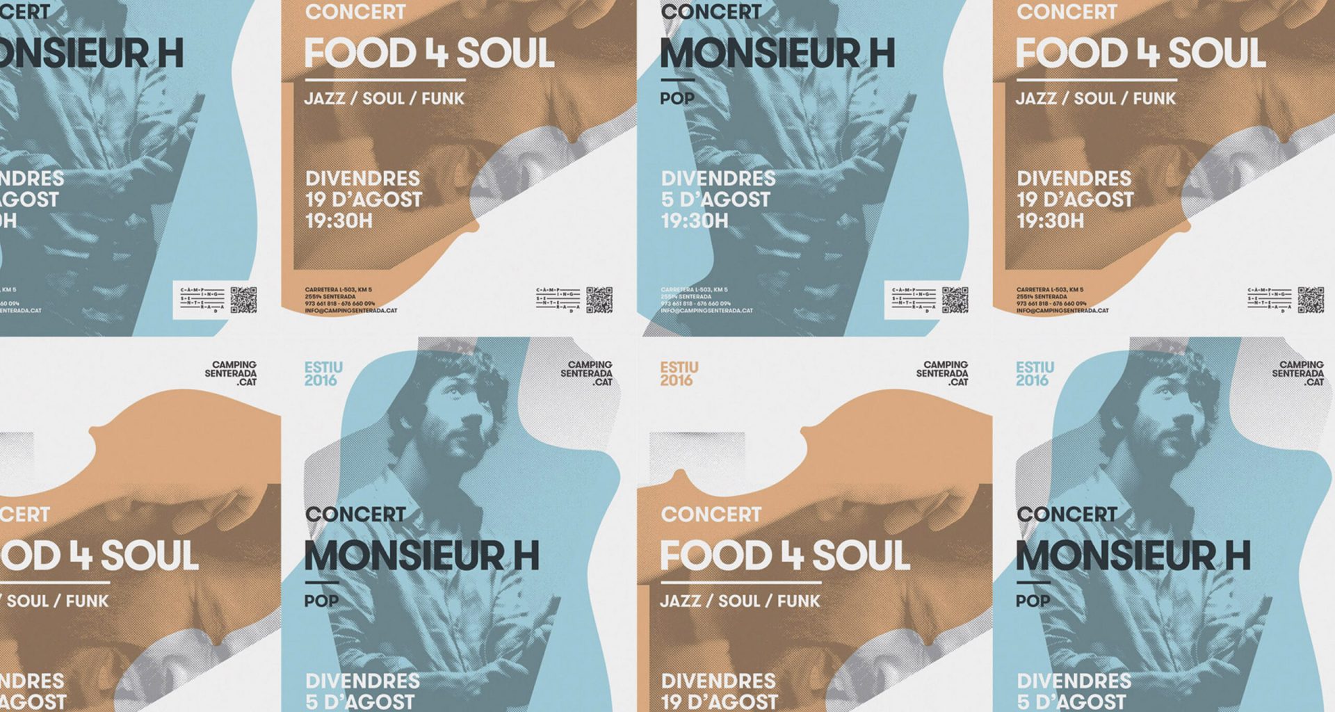 Cartells promocionals per al cicle de concerts d'estiu del Càmping Senterada.